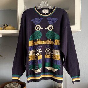 Vintage Jeff Sayre Paris Cotton Sweater Geo Bird Pattern Blue Multi Sz L